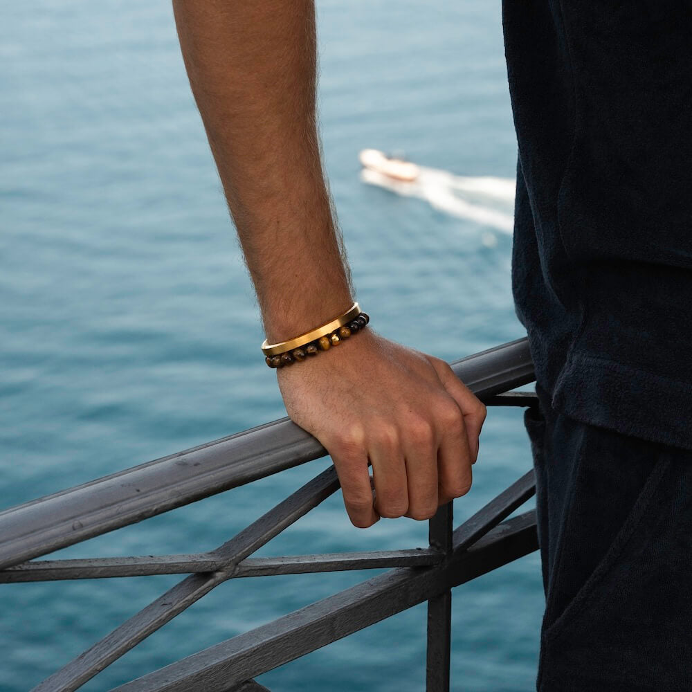 Gold Cuff Bracelet and Brown Beaded Bracelet Alton