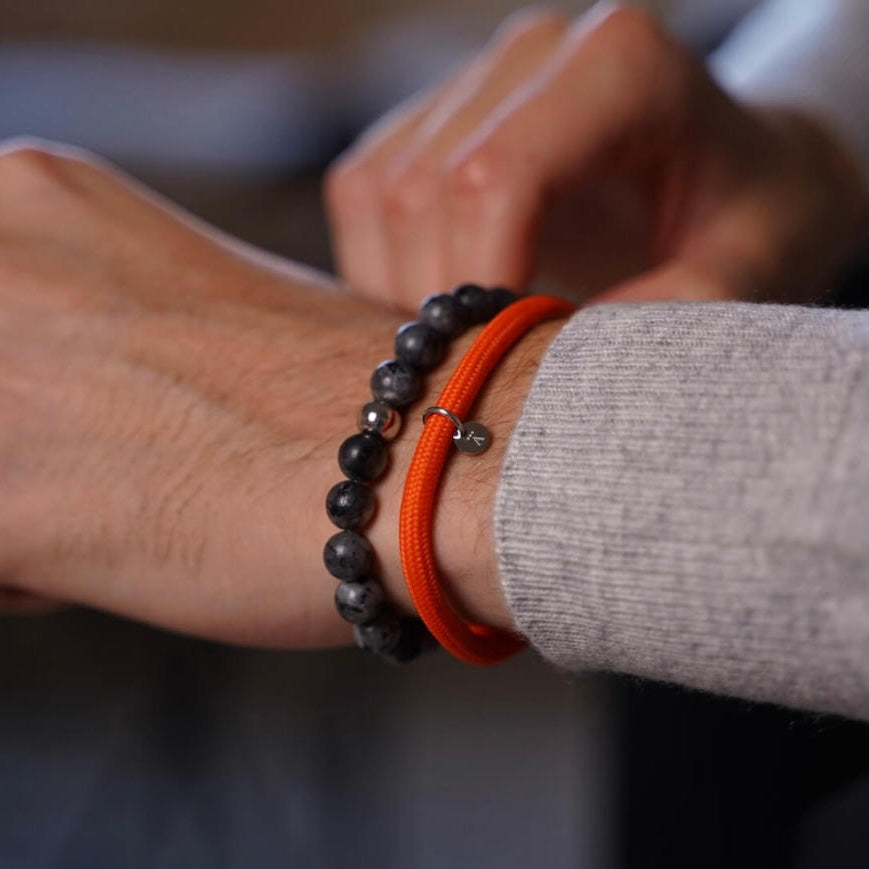 Orange Nylon Rope Bracelet and Grey Larvikite Bracelet Alton