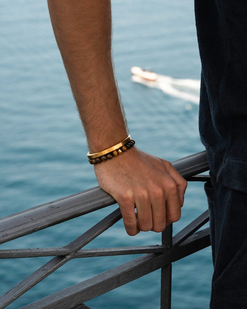 Gold Cuff Bracelet and Brown Beaded Bracelet Alton