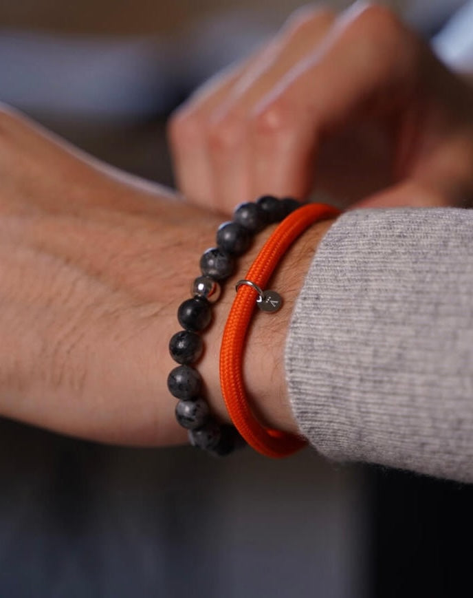 Orange Nylon Rope Bracelet and Grey Larvikite Bracelet Alton