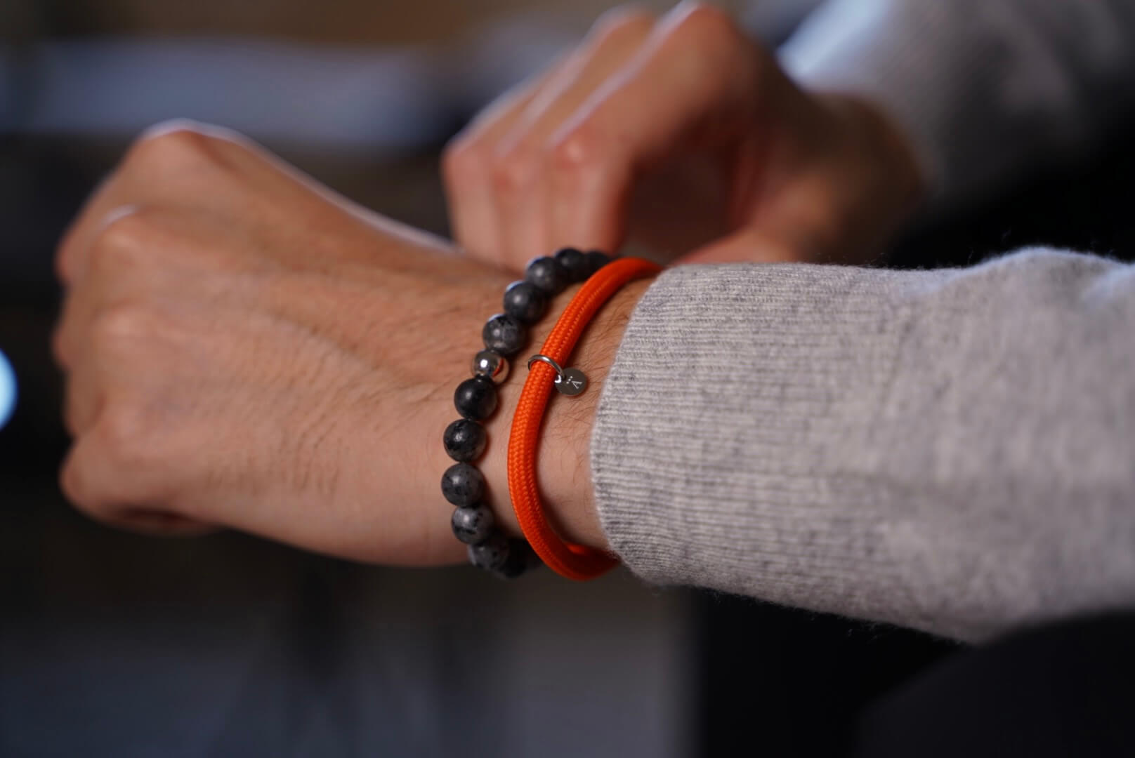 Orange Nylon Bracelet and Grey Larvikite Bracelet Alton