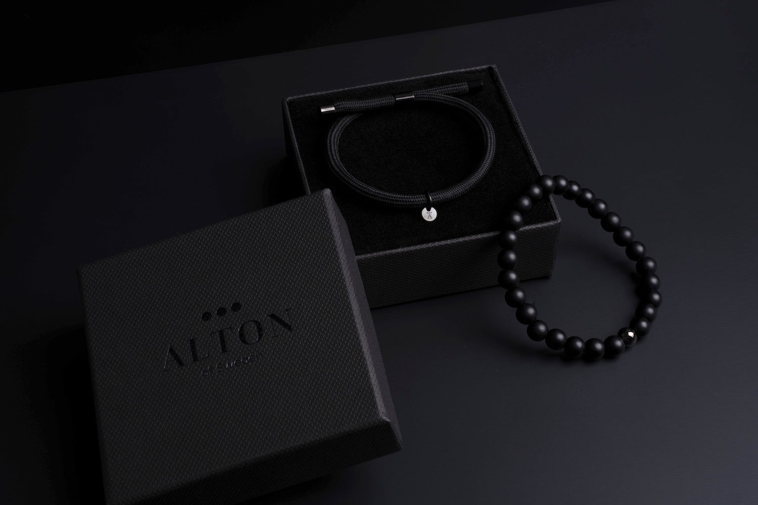 Black Beaded Onyx Bracelet and Black Nylon Bracelet for Men