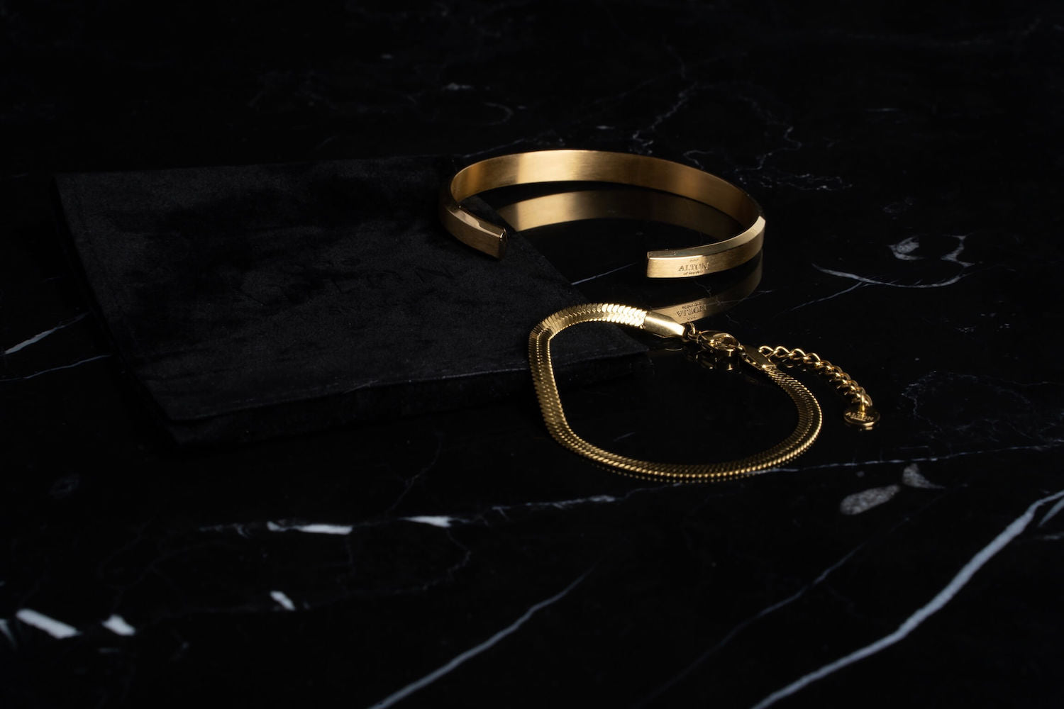 Gold Herringbone Snake Chain Bracelet and Cuff Bangle